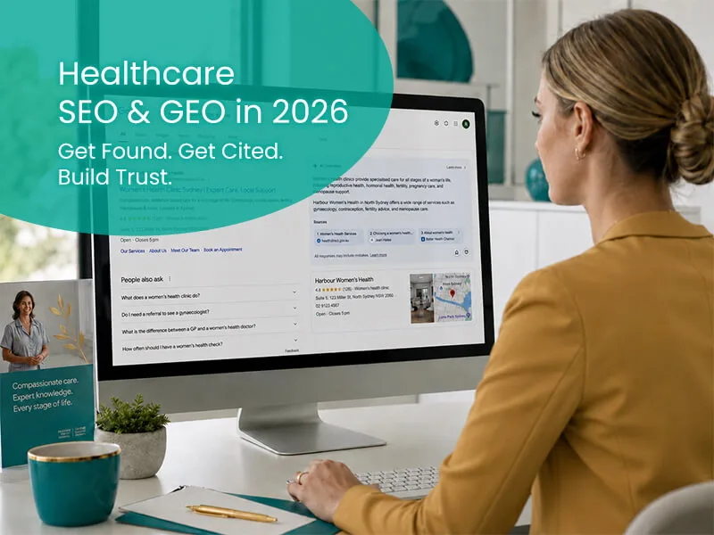 Healthcare professional using a computer to research healthcare SEO and GEO in 2026