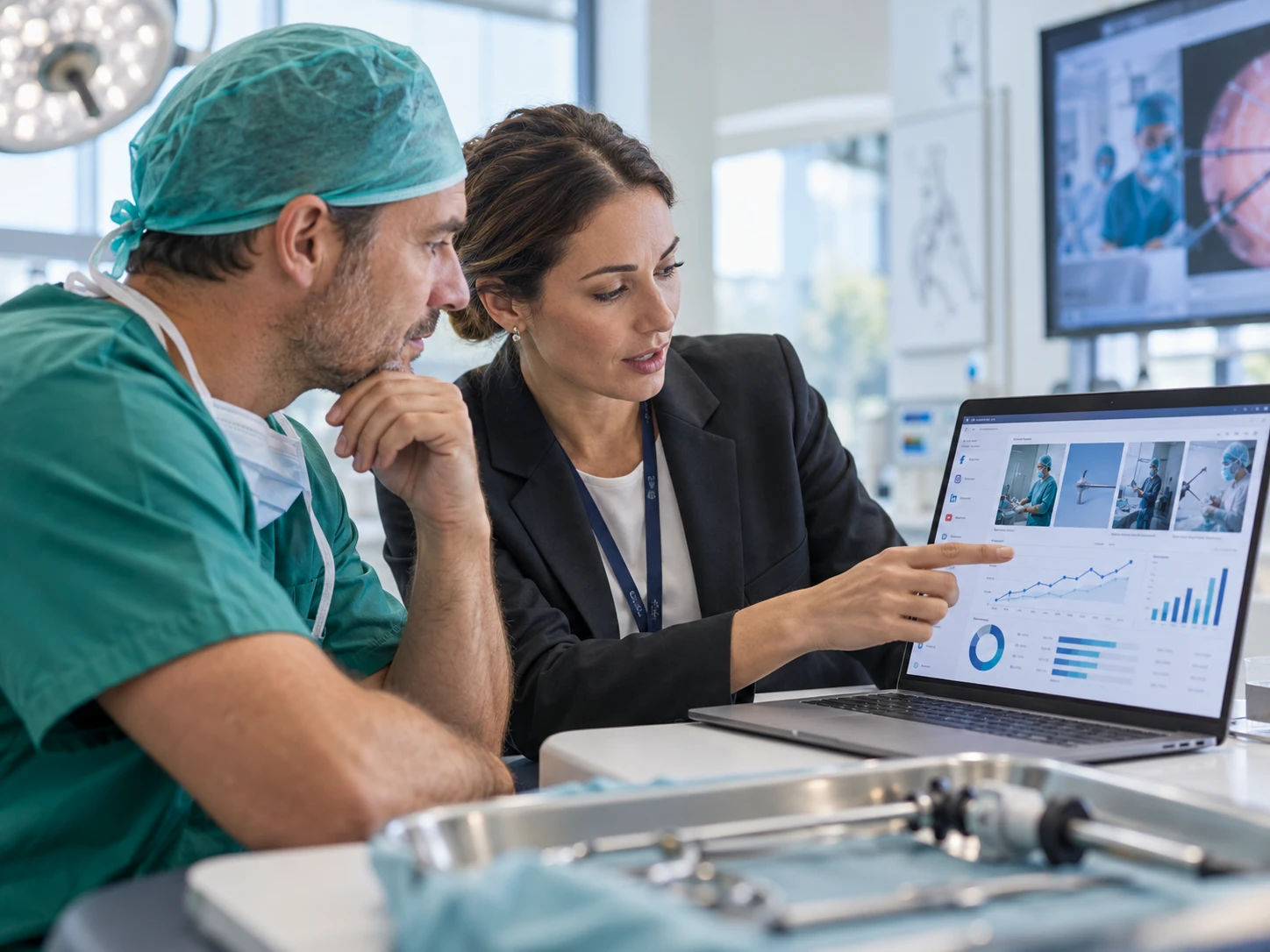 MedTech Paid Social Campaign Case Study Surgeon in scrubs and marketing consultant reviewing campaign results on a laptop