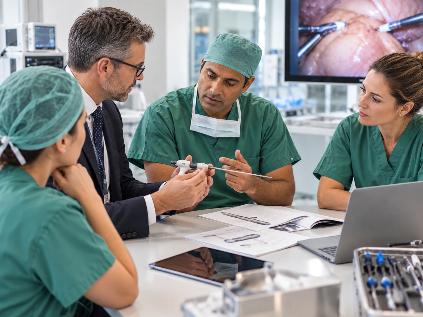 MedTech Market Leadership Case Study Surgical team and business consultant discussing a surgical instrument at a meeting table