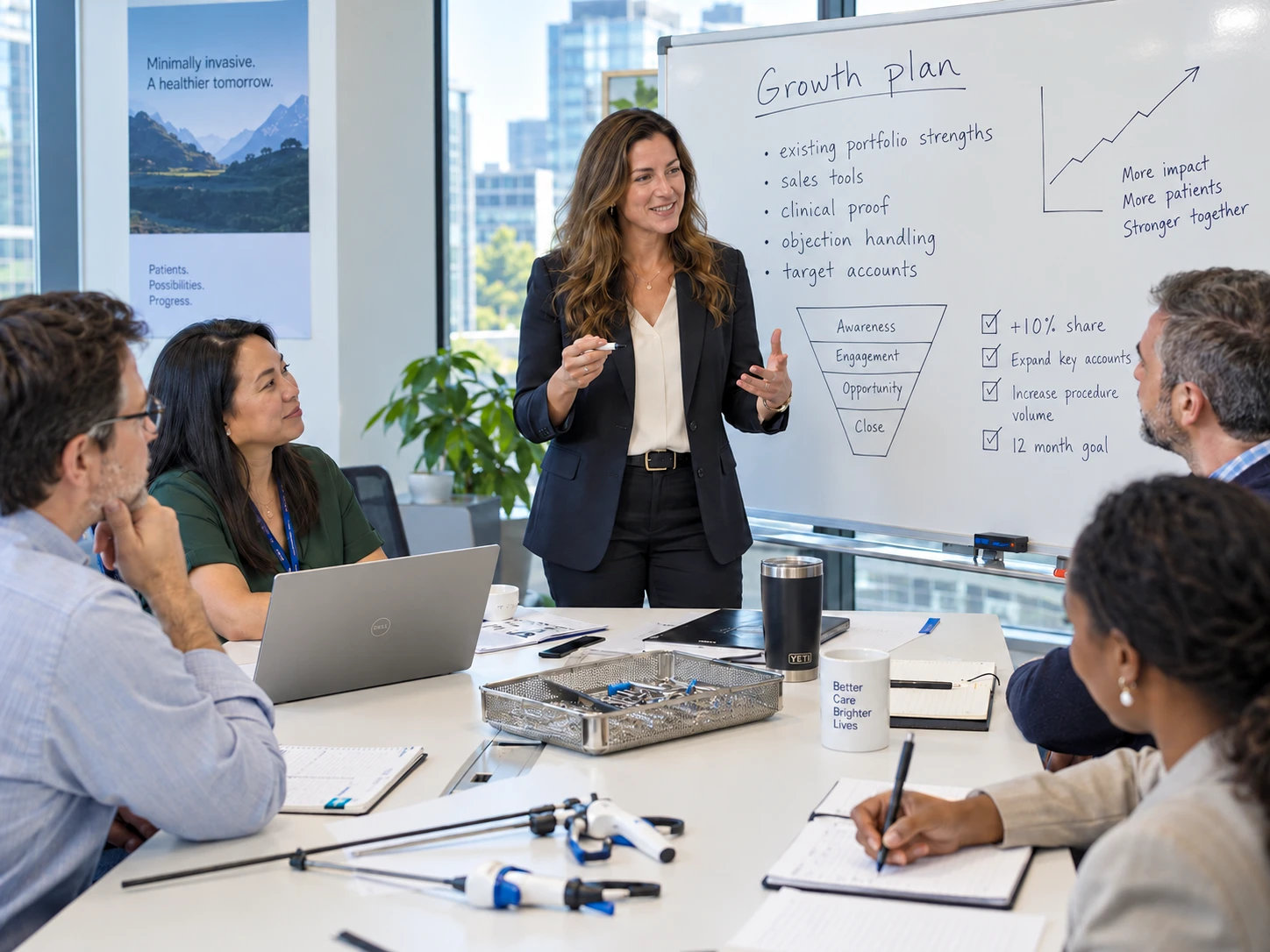 MedTech Sales Team Growth Case Study Marketing consultant presenting a sales growth plan on a whiteboard to a medical device sales team