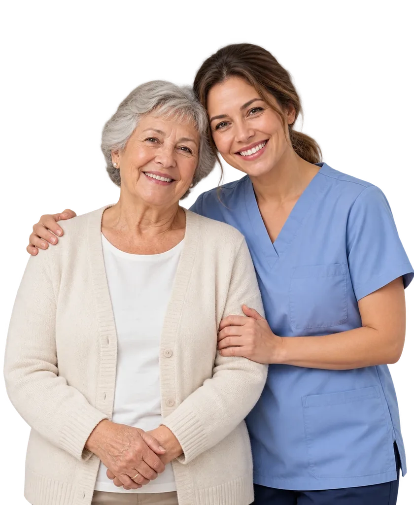 Patients and caregivers Smiling nurse in blue scrubs with her arm around an older woman