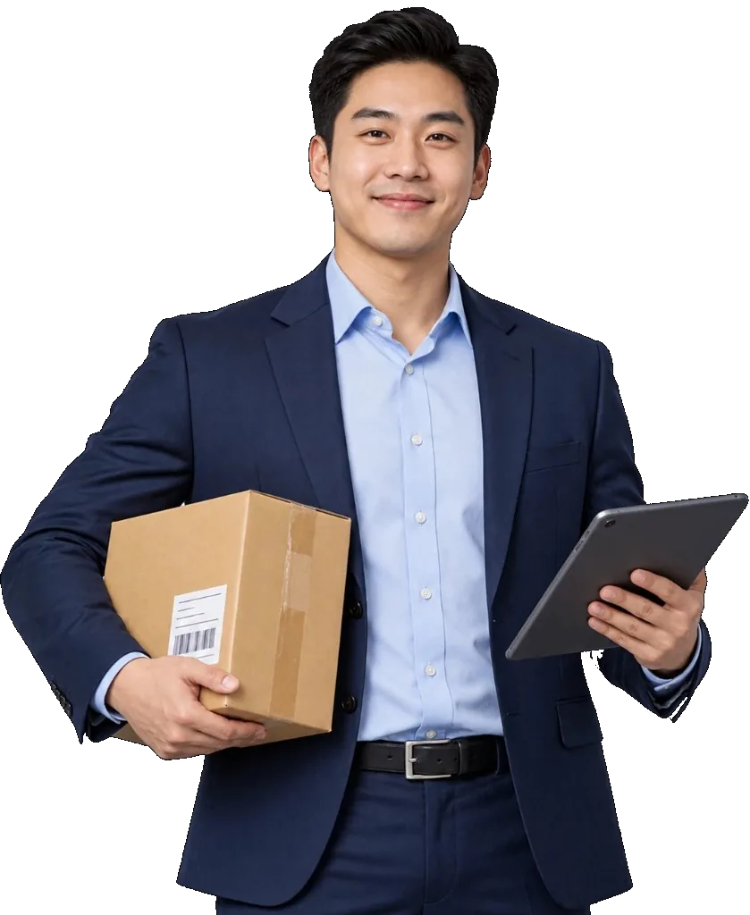 Distributors Young male medical distributor holding a distribution box and a tablet, smiling