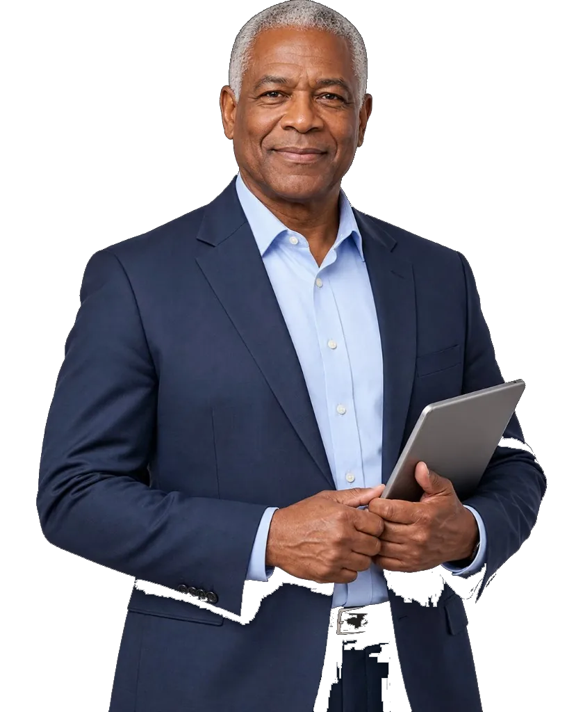 Commercial leaders Smiling hospital executive in a suit holding a tablet
