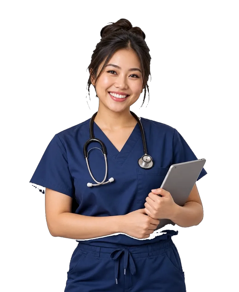 Clinical Staff Female nurse in a dark blue nurse outfit wearing a stethoscope and holding a tablet