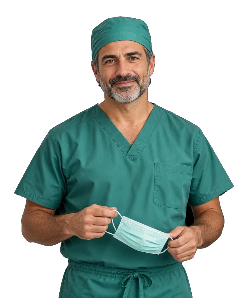 Surgeons and Specialists Male surgeon holding a mask, smiling, wearing a medical outfit