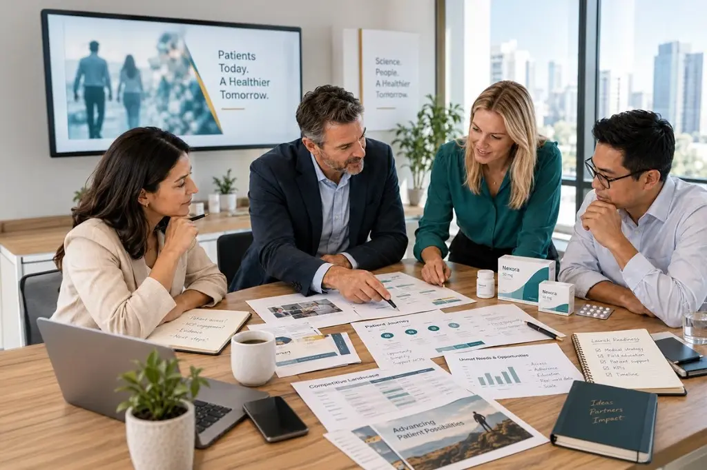 Pharmaceutical marketing Pharmaceutical marketing team planning a brand strategy